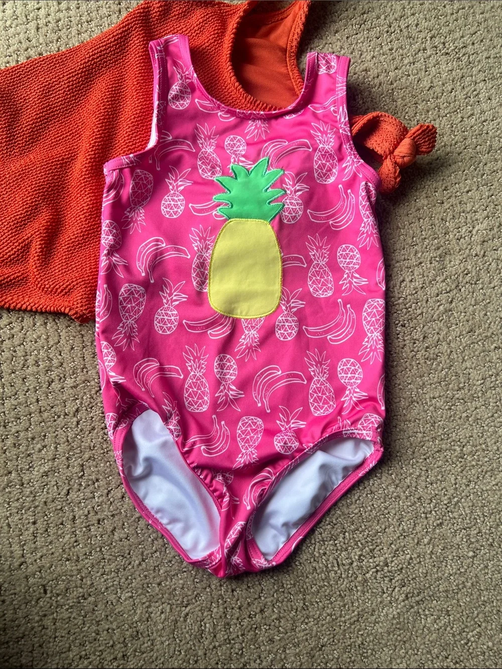 5T Kids Pink Pineapple Print One-Piece Swimsuit & Orange Textured One-Piece Set